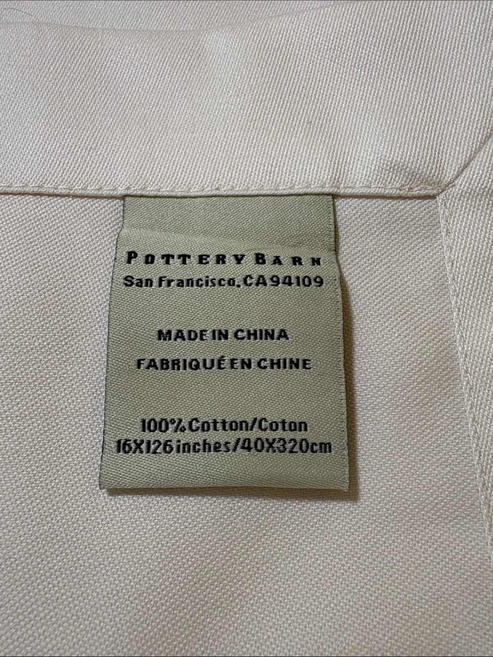 Pottery Barn Cream NWOT Cream 100% Cotton Table Runner 16” X 126”